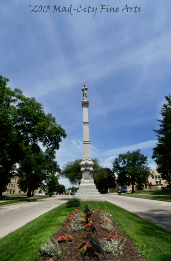 A civil war veteran's memorial stands in Darlington, WI.