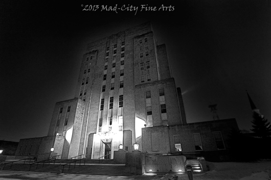 The art-deco Racine County courthouse at night.