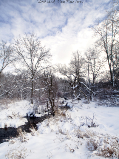 A winter scene wakes up with the morning sun in Walworth county, WI.
